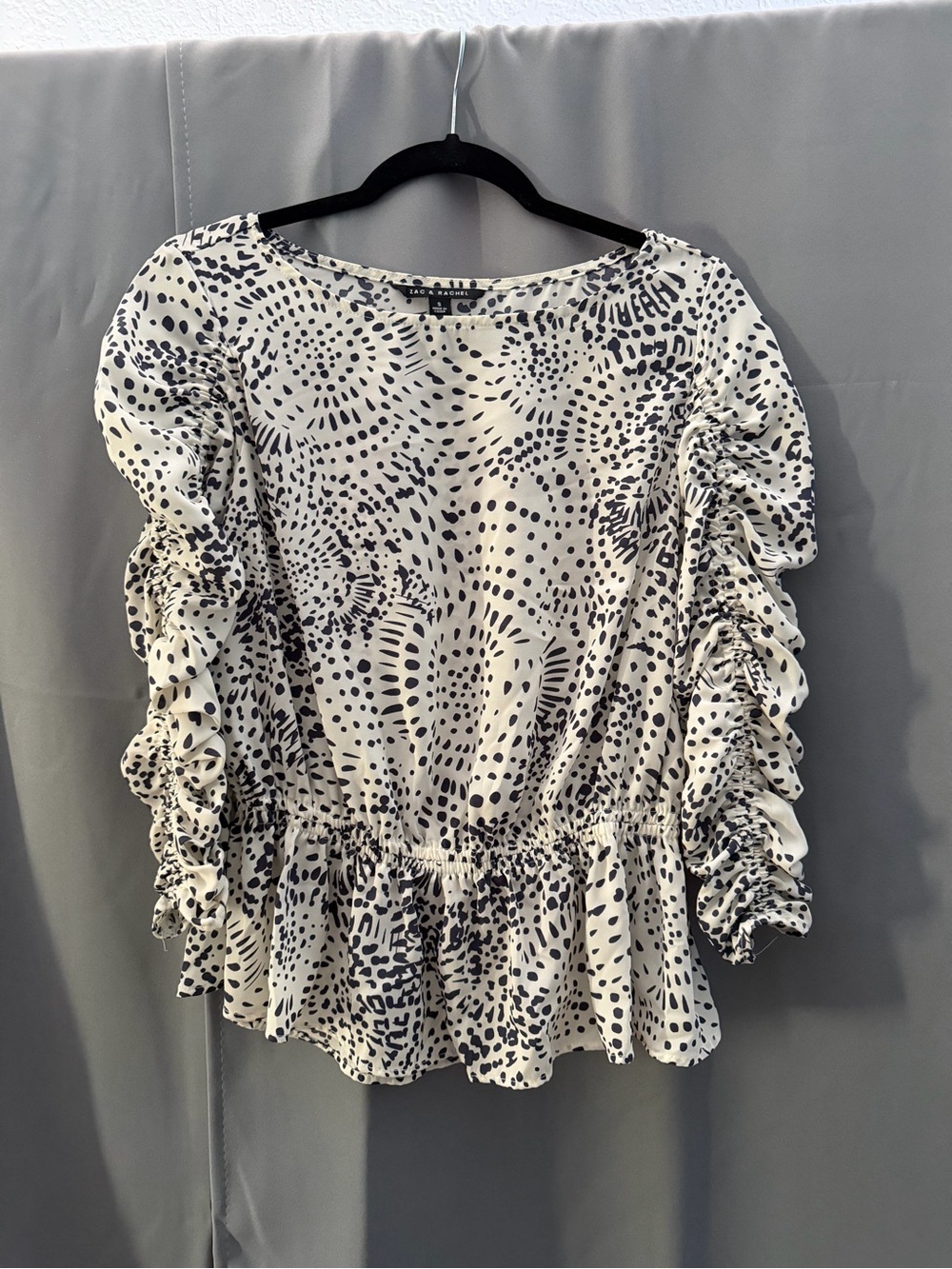 Zac & Rachel Blue and White Ruched Sleeve Peplum Blouse